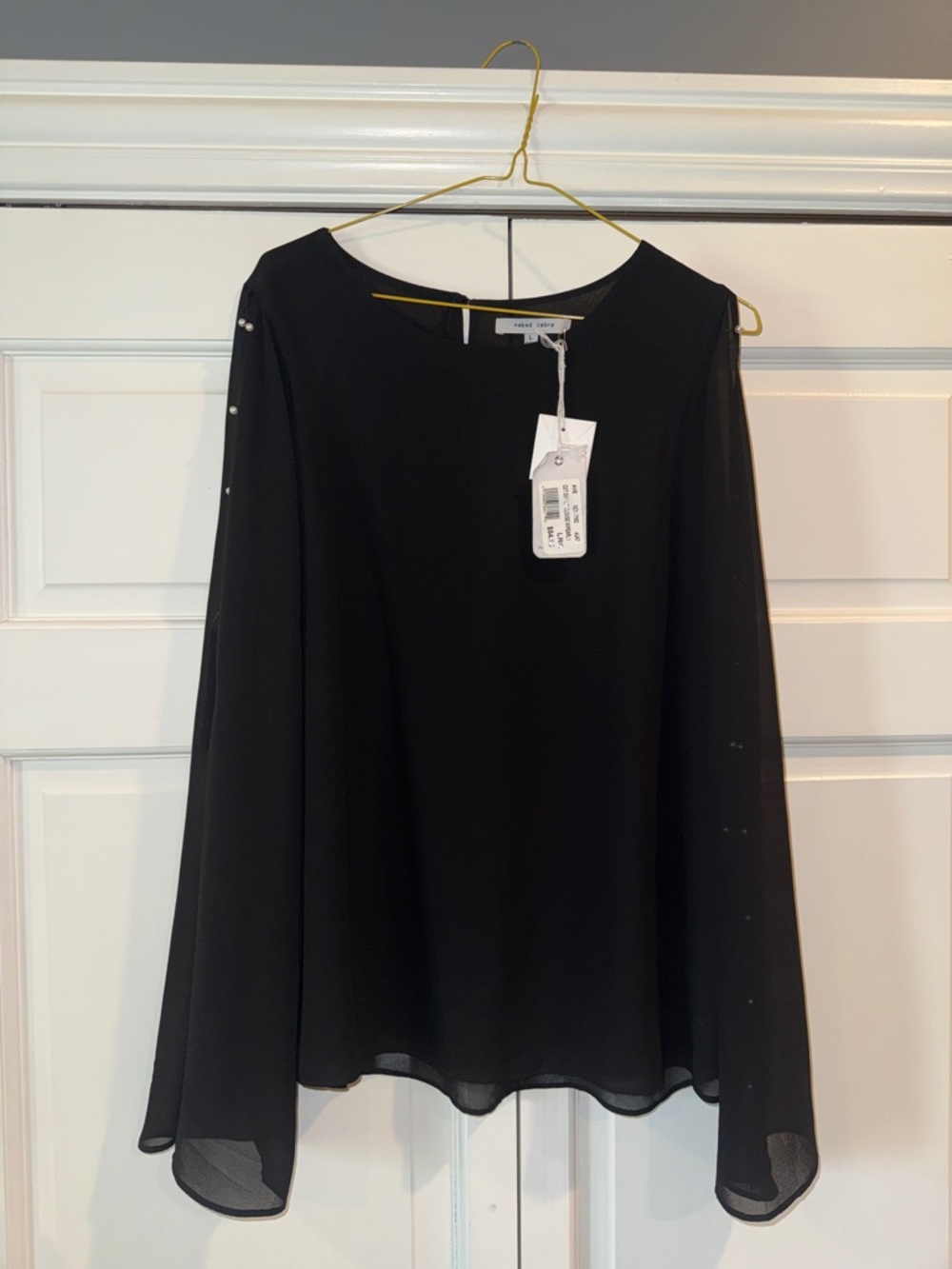Naked Zebra Black Sheer Long-Sleeve Blouse with Pearl Accent Sleeves